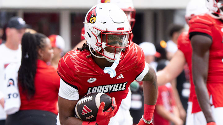 Louisville Cardinals wide receiver Jadon Thompson (2) warms up ahead of their game against the Austin Peay Governors on Saturday, Aug. 31, 2024 at L&N Federal Credit Union Stadium in Louisville, Ky.