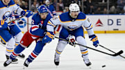 Nov 7, 2024; New York, New York, USA;  Buffalo Sabres right wing Alex Tuch (89) and New York Rangers center Filip Chytil (72) battle for a loose puck during the second period at Madison Square Garden. Mandatory Credit: Dennis Schneidler-Imagn Images