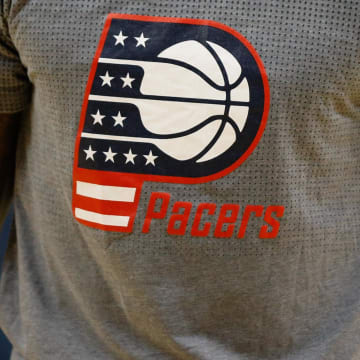 Nov 7, 2016; Charlotte, NC, USA;  A closeup view of the Indiana Pacers logo on their warm up shirts prior to the game against the Charlotte Hornets at Spectrum Center. The Hornets defeated the Pacers 122-100. Mandatory Credit: Jeremy Brevard-USA TODAY Sports