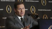 Dec 3, 2017; Grapevine, TX, USA; College football playoff selection committee chairman Kirby Hocutt speaks with members of the media  during the College Football Playoff Selection Sunday event at the Gaylord Texan resort. 