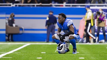 Nov 25, 2021; Detroit, Michigan, USA; Detroit Lions cornerback Jerry Jacobs (39) squats down after the game against the Chicago Bears at Ford Field. Mandatory Credit: Raj Mehta-Imagn Images