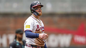 Jun 5, 2025; Cumberland, Georgia, USA; Atlanta Braves left fielder Alex Verdugo (8) shown on second base after hitting a double to drive in a run against the Arizona Diamondbacks during the second inning at Truist Park. Mandatory Credit: Dale Zanine-Imagn Images