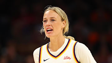 Aug 7, 2025; Phoenix, Arizona, USA; Indiana Fever guard Sophie Cunningham (8) against the Phoenix Mercury during an WNBA game at PHX Arena. Mandatory Credit: Mark J. Rebilas-Imagn Images
