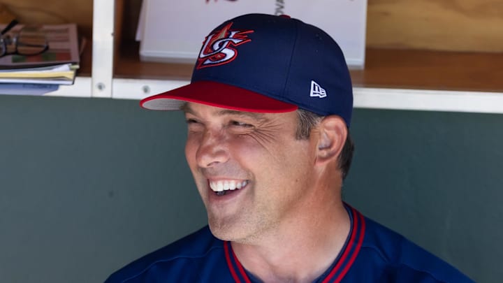 Mar 3, 2026; Scottsdale, AZ, USA; Team USA manager Mark DeRosa against the San Francisco Giants during a spring training game at Scottsdale Stadium. Mandatory Credit: Mark J. Rebilas-Imagn Images