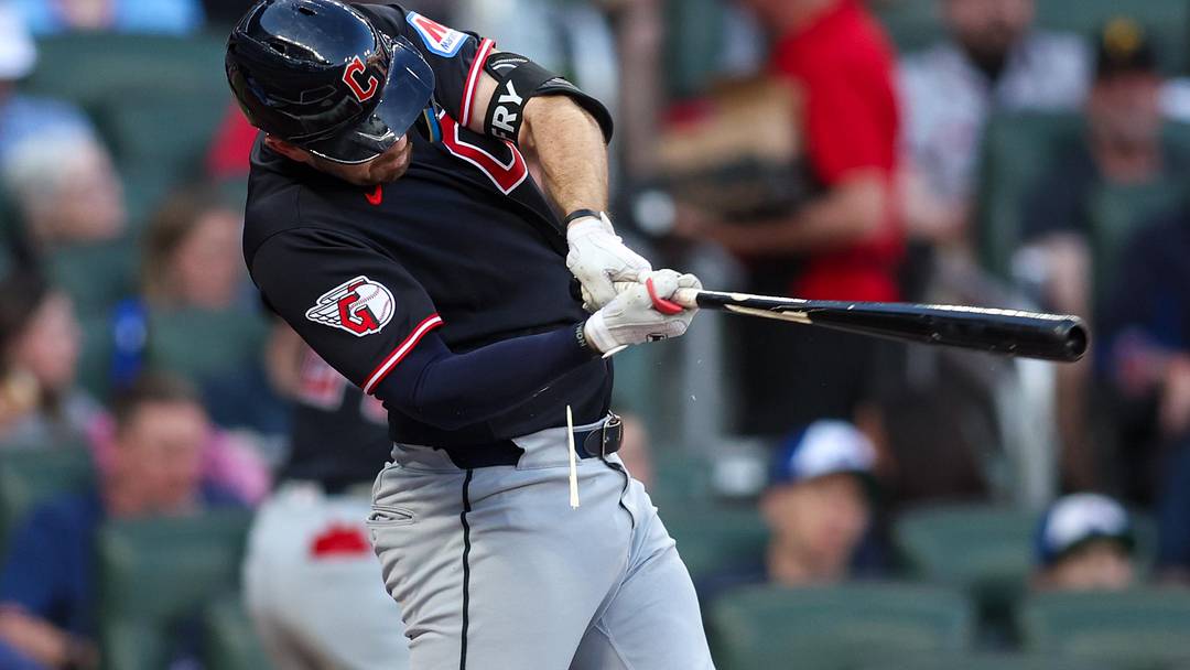 Apr 11, 2026: Cleveland Guardians right fielder David Fry (6) breaks his bat on a foul ball against the Atlanta Braves in the first inning at Truist Park. 