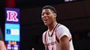 Dec 10, 2024; Piscataway, New Jersey, USA; Rutgers Scarlet Knights guard Ace Bailey (4) reacts during the second half against the Penn State Nittany Lions at Jersey Mike's Arena. Mandatory Credit: Vincent Carchietta-Imagn Images