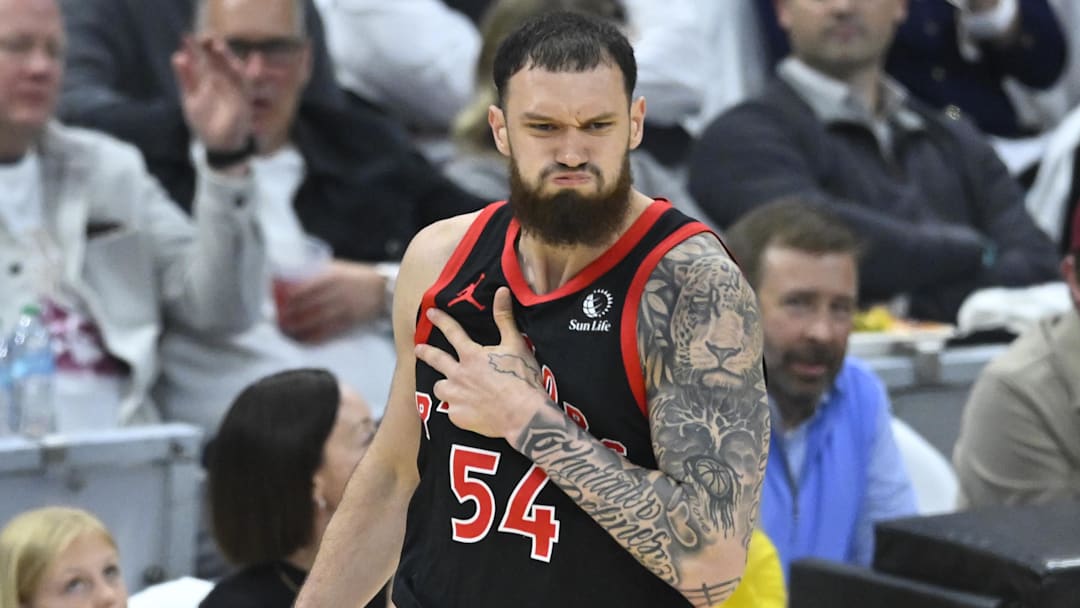 Apr 29, 2026; Cleveland, Ohio, USA; Toronto Raptors forward Sandro Mamukelashvili (54) celebrates his three-point basket against the Cleveland Cavaliers in the third quarter of game five of the first round of the 2026 NBA Playoffs at Rocket Arena. Mandatory Credit: David Richard-Imagn Images