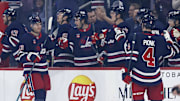 Nov 7, 2024; Winnipeg, Manitoba, CAN; Winnipeg Jets center Gabriel Vilardi (13) celebrates his first period goal against the Colorado Avalanche at Canada Life Centre. Mandatory Credit: James Carey Lauder-Imagn Images