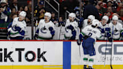Jan 8, 2025; Washington, District of Columbia, USA; Vancouver Canucks right wing Conor Garland (8) celebrates with teammates after scoring a goal against the Washington Capitals in the second period at Capital One Arena. Mandatory Credit: Geoff Burke-Imagn Images