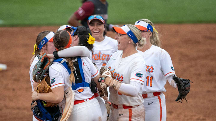 Florida celebrates after defeating Oklahoma 6-4 during a NCAA softball game at Katie Seashole Pressly Stadium in Gainesville, FL on Saturday, May 3, 2025. [Alan Youngblood/Gainesville Sun]