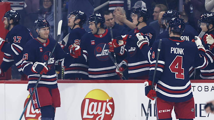 Nov 7, 2024; Winnipeg, Manitoba, CAN; Winnipeg Jets center Gabriel Vilardi (13) celebrates his first period goal against the Colorado Avalanche at Canada Life Centre. Mandatory Credit: James Carey Lauder-Imagn Images