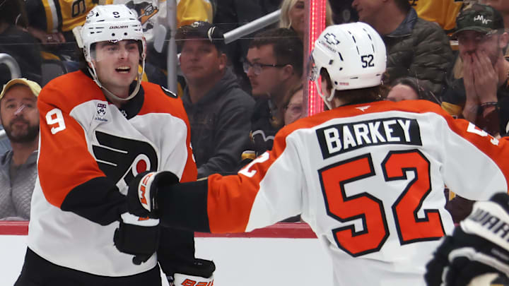 Apr 18, 2026; Pittsburgh, Pennsylvania, USA; Philadelphia Flyers defenseman Jamie Drysdale (9) celebrates his goal with center Denver Barkey (52) against the Pittsburgh Penguins during the second period in game one of the first round of the 2026 Stanley Cup Playoffs at PPG Paints Arena.