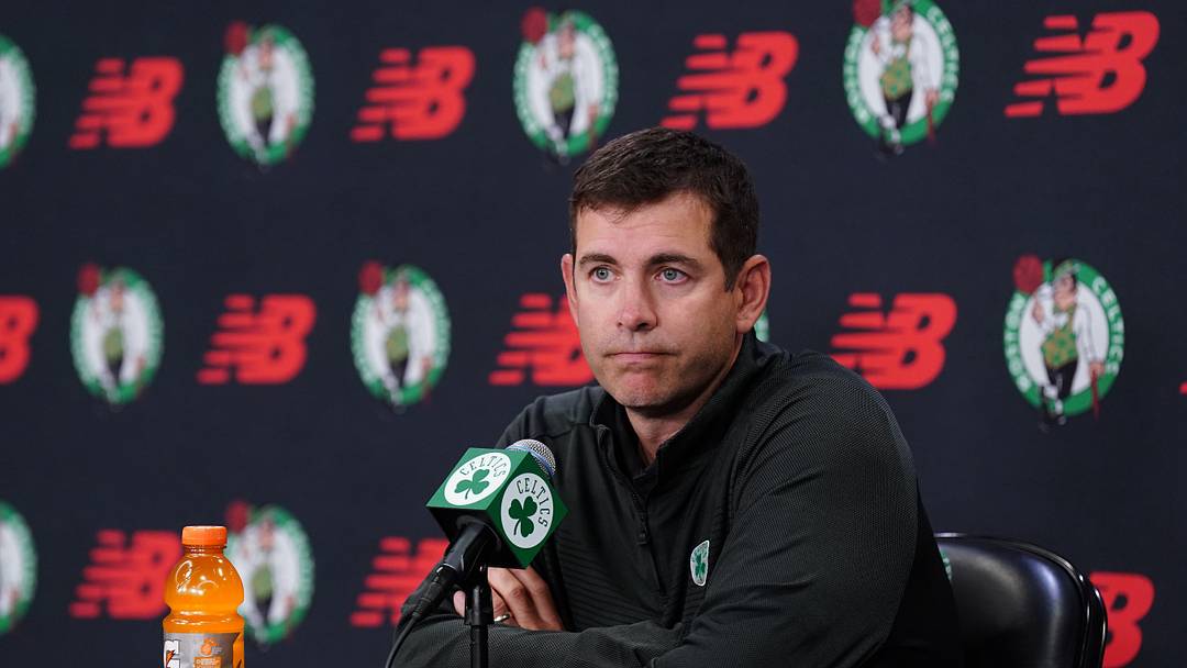 Sep 29, 2025; Boston, MA, USA; Boston Celtics president of basketball operations Brad Stevens talks to reporters during media day at the Auerbach Center.