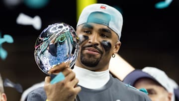 Eagles quarterback Jalen Hurts was named the MVP of Super Bowl LIX after he scored three touchdowns (two passing and one rushing) and set a Super Bowl record for quarterback rushing yards with 72.