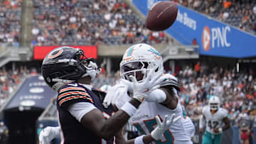 Jahdae Walker catches a touchdown pass over Miami Dolphins linebacker Jaelan Phillips in the second half at Soldier Field.
