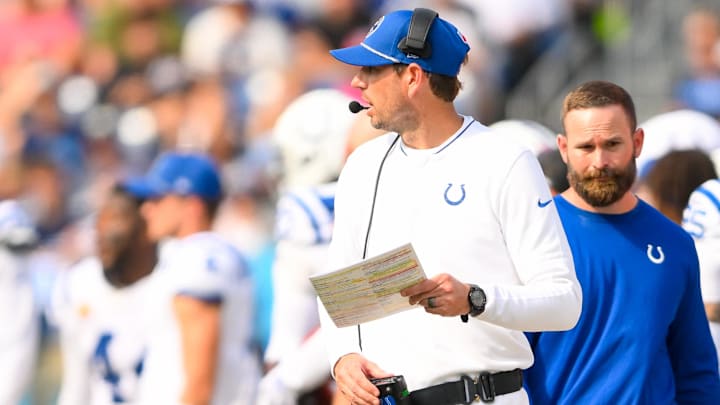 Oct 13, 2024; Nashville, Tennessee, USA; Indianapolis Colts head coach Shane Steichen paces the sidelines against the Tennessee Titans during the second half during the second half at Nissan Stadium. Mandatory Credit: Steve Roberts-Imagn Images Oct 13, 2024; Nashville, Tennessee, USA; Indianapolis Colts head coach Shane Steichen paces the sidelines against the Tennessee Titans during the second half during the second half at Nissan Stadium. Mandatory Credit: Steve Roberts-Imagn Images