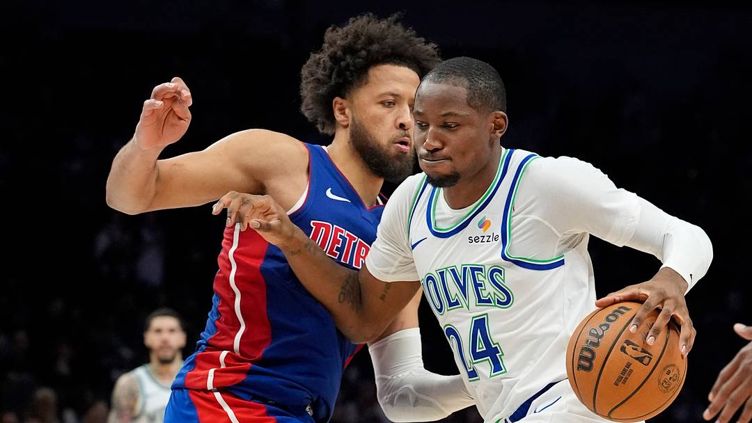 Oct 14, 2026; Minneapolis, Minnesota, USA; Minnesota Timberwolves forward Jonathan Kuminga (24) goes to the basket against Detroit Pistons guard Cade Cunningham (2) in the third quarter at Target Center. Mandatory Credit: Bruce Kluckhohn-Imagn Images Oct 14, 2026; Minneapolis, Minnesota, USA; Minnesota Timberwolves forward Jonathan Kuminga (24) goes to the basket against Detroit Pistons guard Cade Cunningham (2) in the third quarter at Target Center. Mandatory Credit: Bruce Kluckhohn-Imagn Images