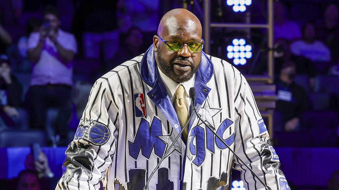 Feb 13, 2024; Orlando, Florida, USA; Shaquille O'Neal during a post game ceremony where the Orlando Magic retired his #32 jersey at Amway Center. Mandatory Credit: Mike Watters-USA TODAY Sports Feb 13, 2024; Orlando, Florida, USA; Shaquille O'Neal during a post game ceremony where the Orlando Magic retired his #32 jersey at Amway Center. Mandatory Credit: Mike Watters-USA TODAY Sports
