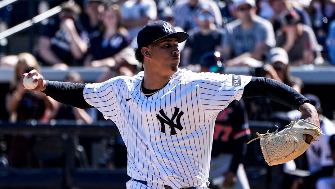 New York Yankees pitcher Carlos Lagrange (84) throws against Detroit Tigers during the first inning at George M. Steinbrenner Field in Tampa, Fla. on Saturday, Feb. 21, 2026.