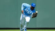 May 28, 2023; Kansas City, Missouri, USA; Kansas City Royals right fielder Jackie Bradley Jr. (41) is unable to make the catch during the eighth inning against the Washington Nationals at Kauffman Stadium. Mandatory Credit: Jay Biggerstaff-USA TODAY Sports