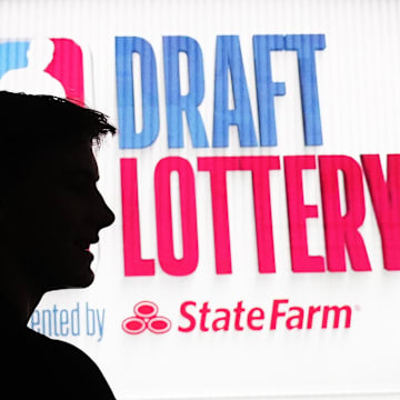 May 12, 2024; Chicago, IL, USA; Kansas’ Johnny Furphy NBA  at the Draft Lottery at McCormick Place West. Mandatory Credit: David Banks-Imagn Images