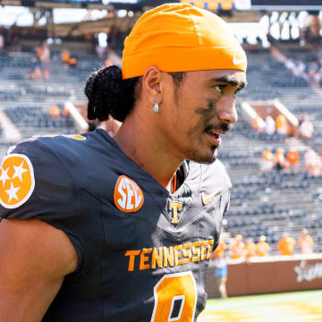 Tennessee quarterback Nico Iamaleava (8) during Tennessee's game against Chattanooga in Neyland Stadium in Knoxville on Saturday, Aug. 31, 2024.