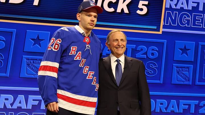 Jun 26, 2026; Buffalo, New York, USA; Alberts Smits reacts beside NHL commissioner Gary Bettman after being selected with the fifth pick in the first round of the 2026 NHL Draft by the New York Rangers at KeyBank Center. Jun 26, 2026; Buffalo, New York, USA; Alberts Smits reacts beside NHL commissioner Gary Bettman after being selected with the fifth pick in the first round of the 2026 NHL Draft by the New York Rangers at KeyBank Center.