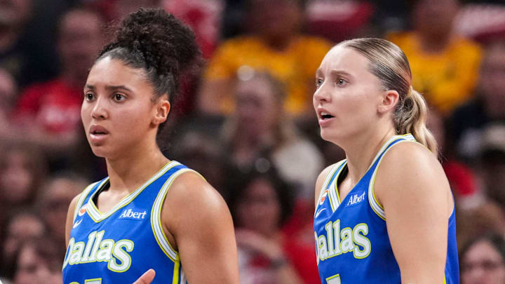Dallas Wings guard Arike Ogunbowale (24), Dallas Wings guard Azzi Fudd (35) and Dallas Wings guard Paige Bueckers (5) react to the action Saturday, May 9, 2026, during the first half of the Fever’s season opener game at Gainbridge Fieldhouse in Indianapolis.
