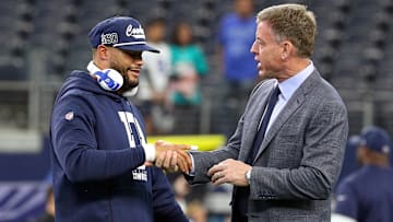 Current Dallas Cowboys quarterback Dak Prescott and former Dallas Cowboys quarterback Troy Aikman