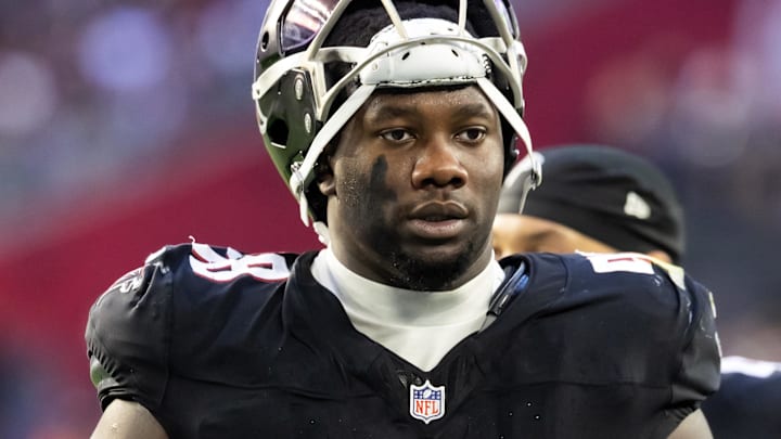 Dec 21, 2025; Glendale, Arizona, USA; Atlanta Falcons defensive lineman Ruke Orhorhoro (98) against the Arizona Cardinals at State Farm Stadium. Mandatory Credit: Mark J. Rebilas-Imagn Images
