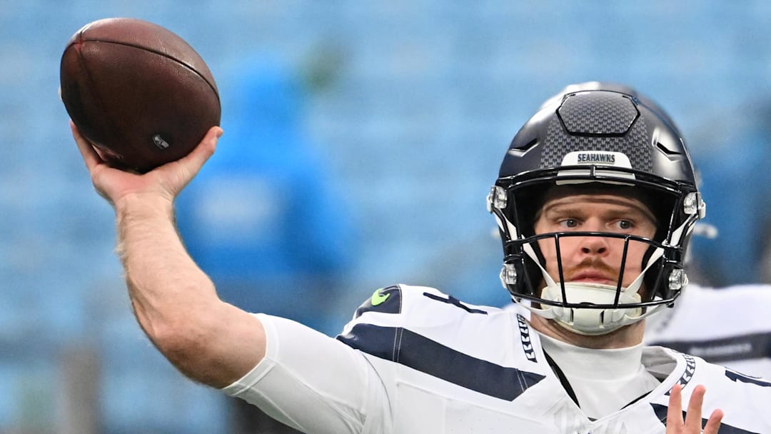 Seattle Seahawks quarterback Sam Darnold throws a pass during warmups.