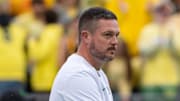 Oregon head coach Dan Lanning takes the field as the Oregon Ducks host the Indiana Hoosiers Oct. 11, 2025, at Autzen Stadium in Eugene, Oregon.