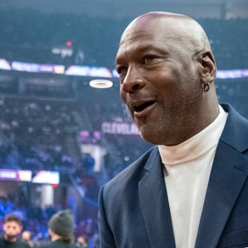 February 20, 2022; Cleveland, Ohio, USA; NBA great Michael Jordan is honored for being selected to the NBA 75th Anniversary Team during halftime in the 2022 NBA All-Star Game at Rocket Mortgage FieldHouse. Mandatory Credit: Kyle Terada-USA TODAY Sports