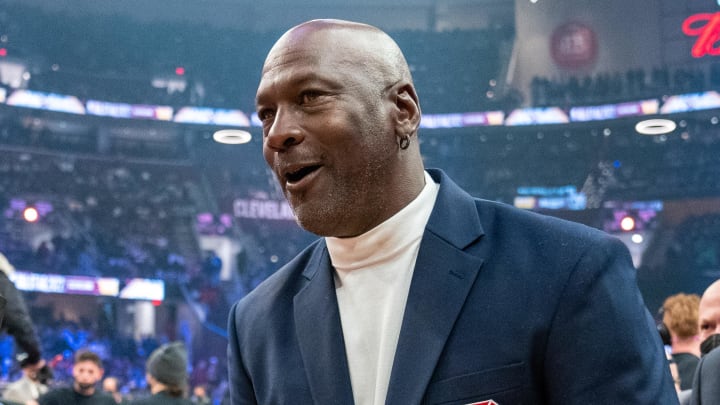 February 20, 2022; Cleveland, Ohio, USA; NBA great Michael Jordan is honored for being selected to the NBA 75th Anniversary Team during halftime in the 2022 NBA All-Star Game at Rocket Mortgage FieldHouse. Mandatory Credit: Kyle Terada-USA TODAY Sports