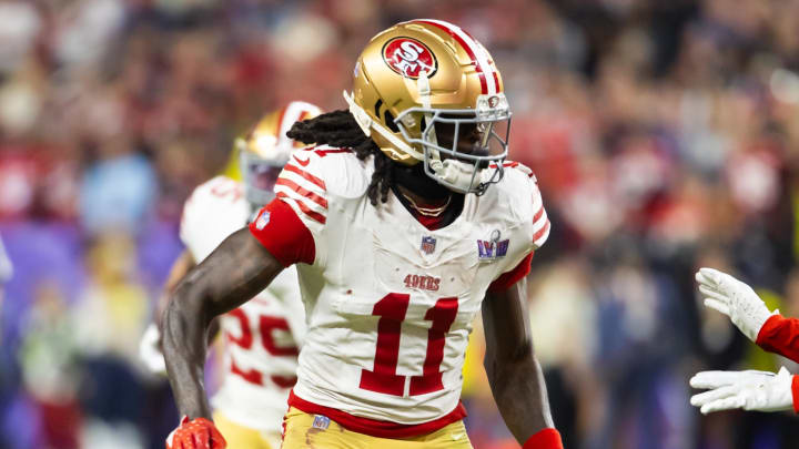 Feb 11, 2024; Paradise, Nevada, USA; San Francisco 49ers wide receiver Brandon Aiyuk (11) against the Kansas City Chiefs in Super Bowl LVIII at Allegiant Stadium. Mandatory Credit: Mark J. Rebilas-USA TODAY Sports