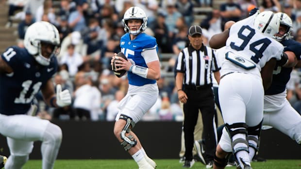 Penn State quarterback Drew Allar looks to throw during the Blue-White Game at Beaver Stadium. 