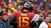 Iowa State quarterback Brock Purdy is hugged by head coach Matt Campbell after running for a touchdown against Baylor at Jack Trice Stadium in Ames on Saturday, Nov. 10, 2018.

181110 Iowastatevsbaylor
