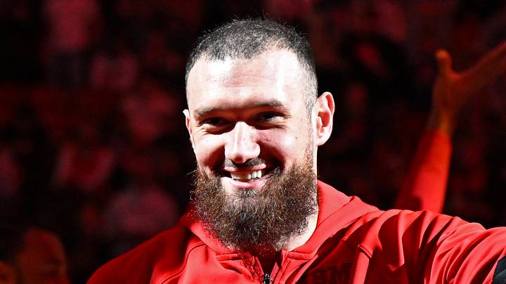 Nov 23, 2025; Toronto, Ontario, CAN;  Toronto Raptors center Sandro Mamukelashvili (54) during player introductions befor playing the Brooklyn Nets at Scotiabank Arena. Mandatory Credit: Dan Hamilton-Imagn Images
