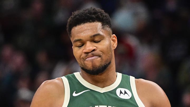 Milwaukee Bucks forward Giannis Antetokounmpo (34) reacts after missing a shot late in the fourth quarter against the Sacramento Kings at Fiserv Forum on November 1, 2025.