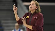 Feb 2, 2025; Los Angeles, California, USA; Minnesota Golden Gophers head coach Dawn Plitzuweit during the second quarter against the UCLA Bruins at Pauley Pavilion presented by Wescom. Mandatory Credit: Robert Hanashiro-Imagn Images