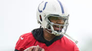 Indianapolis Colts quarterback Anthony Richardson (5) runs drills Wednesday, June 5, 2024, during practice at the Colts Practice Facility in Indianapolis.