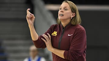 Feb 2, 2025; Los Angeles, California, USA; Minnesota Golden Gophers head coach Dawn Plitzuweit during the second quarter against the UCLA Bruins at Pauley Pavilion presented by Wescom. Mandatory Credit: Robert Hanashiro-Imagn Images