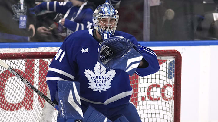 Dec 12, 2024; Toronto, Ontario, CAN; Toronto Maple Leafs goaltender Anthony Stolarz (41) makes a glove save during warmup before a game against the Anaheim Ducks at Scotiabank Arena. Mandatory Credit: John E. Sokolowski-Imagn Images