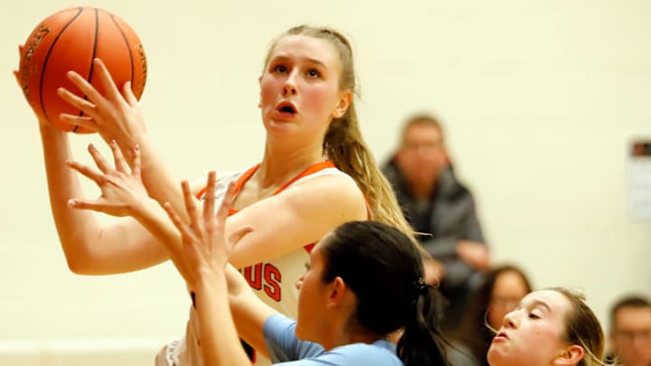 Springdale junior Talia Brunck rises up over two Bishop Canevin  defenders to attempt a shot during a first-round WPIAL Class A playoff game in March at Donald G. McGhee Fieldhouse.