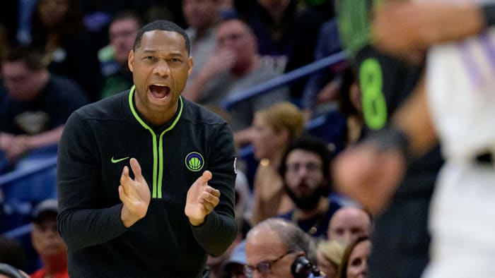 Mar 26, 2024; New Orleans, Louisiana, USA; New Orleans Pelicans head coach Willie Green reacts