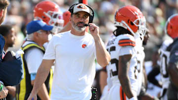 Oct 13, 2024; Philadelphia, Pennsylvania, USA; Cleveland Browns head coach Kevin Stefanski on the sidelines against the Philadelphia Eagles during the second quarter at Lincoln Financial Field. Mandatory Credit: Eric Hartline-Imagn Images