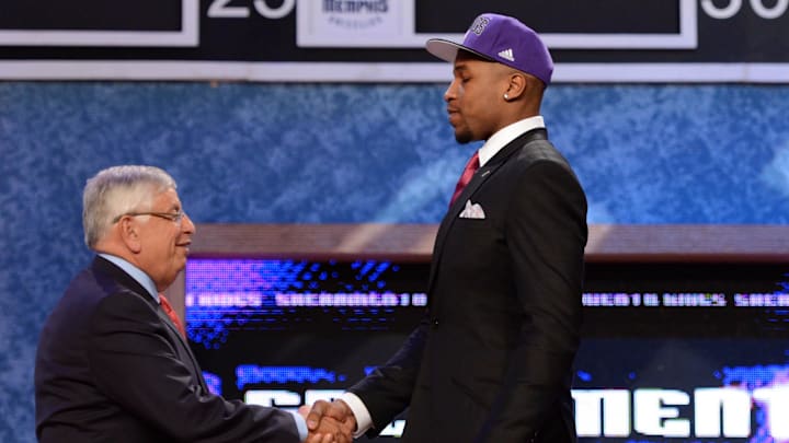 June 28, 2012; Newark, NJ, USA; Thomas Robinson (Kansas), right, is introduced as the number five overall pick to the Sacramento Kings by NBA commissioner David Stern during the 2012 NBA Draft at the Prudential Center.  Mandatory Credit: Jerry Lai-Imagn Images