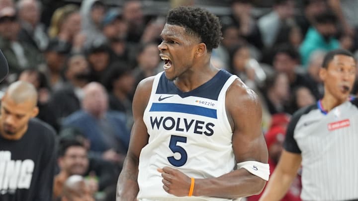 Jan 17, 2026; San Antonio, Texas, USA; Minnesota Timberwolves guard Anthony Edwards (5) reacts toward the San Antonio Spurs bench in the second half at Frost Bank Center. Mandatory Credit: Daniel Dunn-Imagn Images