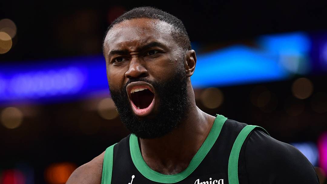 Feb 6, 2026; Boston, Massachusetts, USA; Boston Celtics guard Jaylen Brown (7) reacts towards the official after a play during the second half against the Miami Heat at TD Garden. Mandatory Credit: Bob DeChiara-Imagn Images