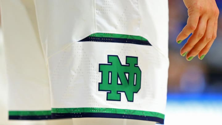 A view of the Notre Dame Fighting Irish logo on a pair of official game shorts in the semifinals of the Lexington Regional of the women's 2017 NCAA Tournament at Rupp Arena. Notre Dame won 99-76. A view of the Notre Dame Fighting Irish logo on a pair of official game shorts in the semifinals of the Lexington Regional of the women's 2017 NCAA Tournament at Rupp Arena. Notre Dame won 99-76.